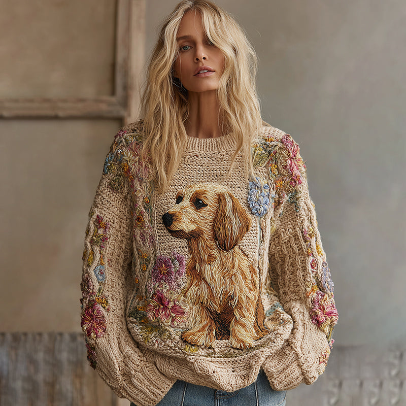 Comstylish Vintage Boho Flowers And Golden Retriever Cozy Knit Sweater