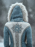 Comstylish Vintage Snowflake Viking Celtic Fur Trim Hooded Sweater