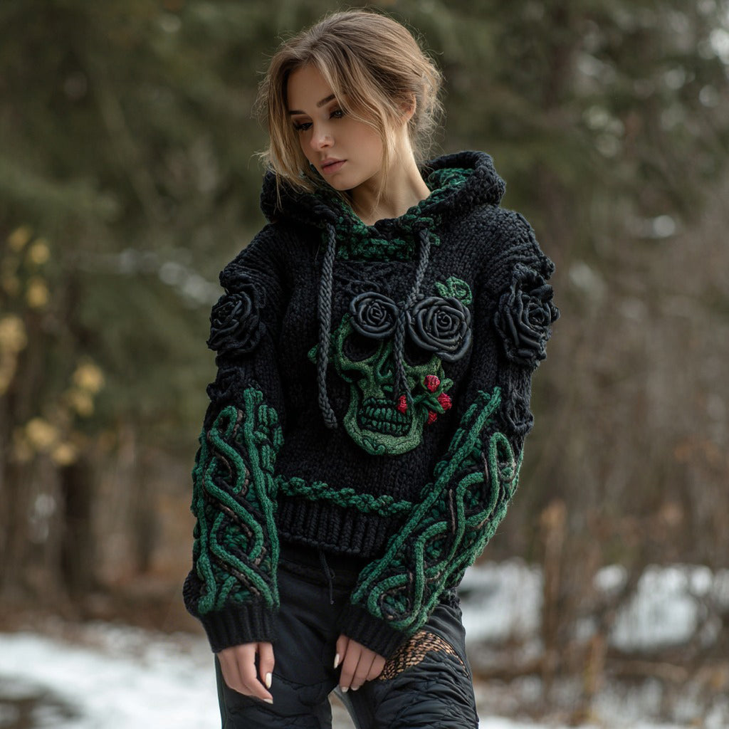 Comstylish Women's Vintage Celtic Knot Skull And Rose Patchwork Hooded Sweater