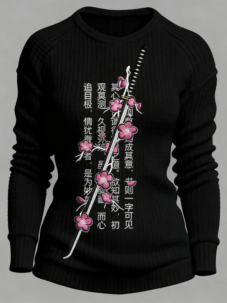 Comstylish Japanese Katana With Sakura Branch Embroidered Cozy Sweater