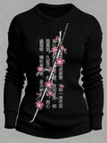 Comstylish Japanese Katana With Sakura Branch Embroidered Cozy Sweater