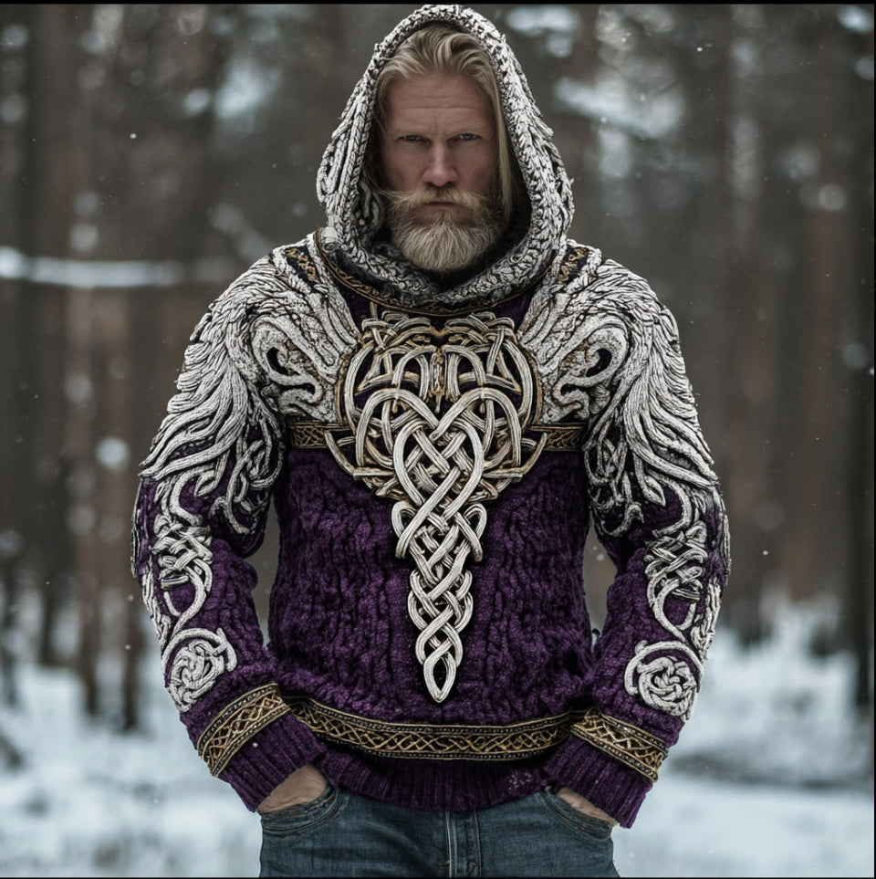 Men's Hooded Thick Sweater With Viking Style Tribal Totem And Wolf Totem Patterns artswardrobe