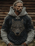 Men's Viking Style Wolf Totem Patchwork Hooded Sweater artswardrobe