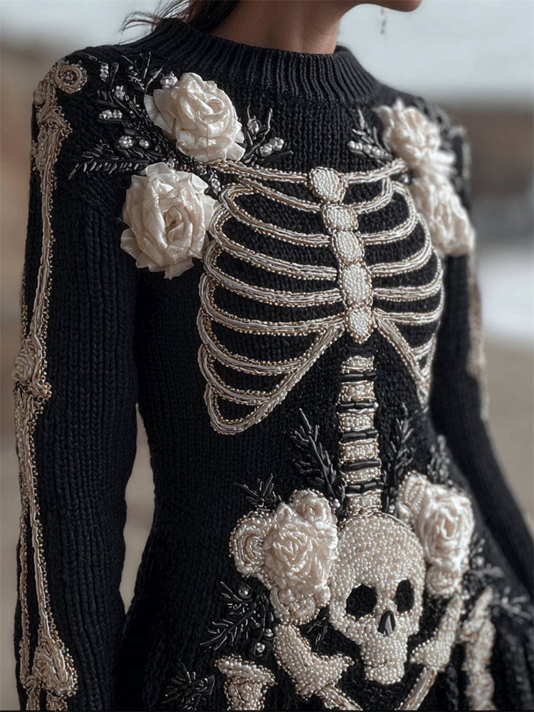 Comstylish White Roses Skeleton Anatomy Beaded Cozy Knit Sweater Mini Dress