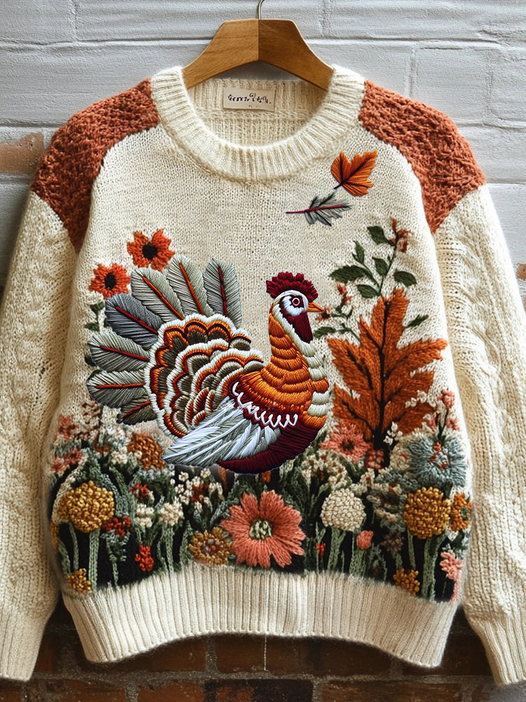 Thanksgiving Turkey Floral Embroidered Cozy Sweater artswardrobe