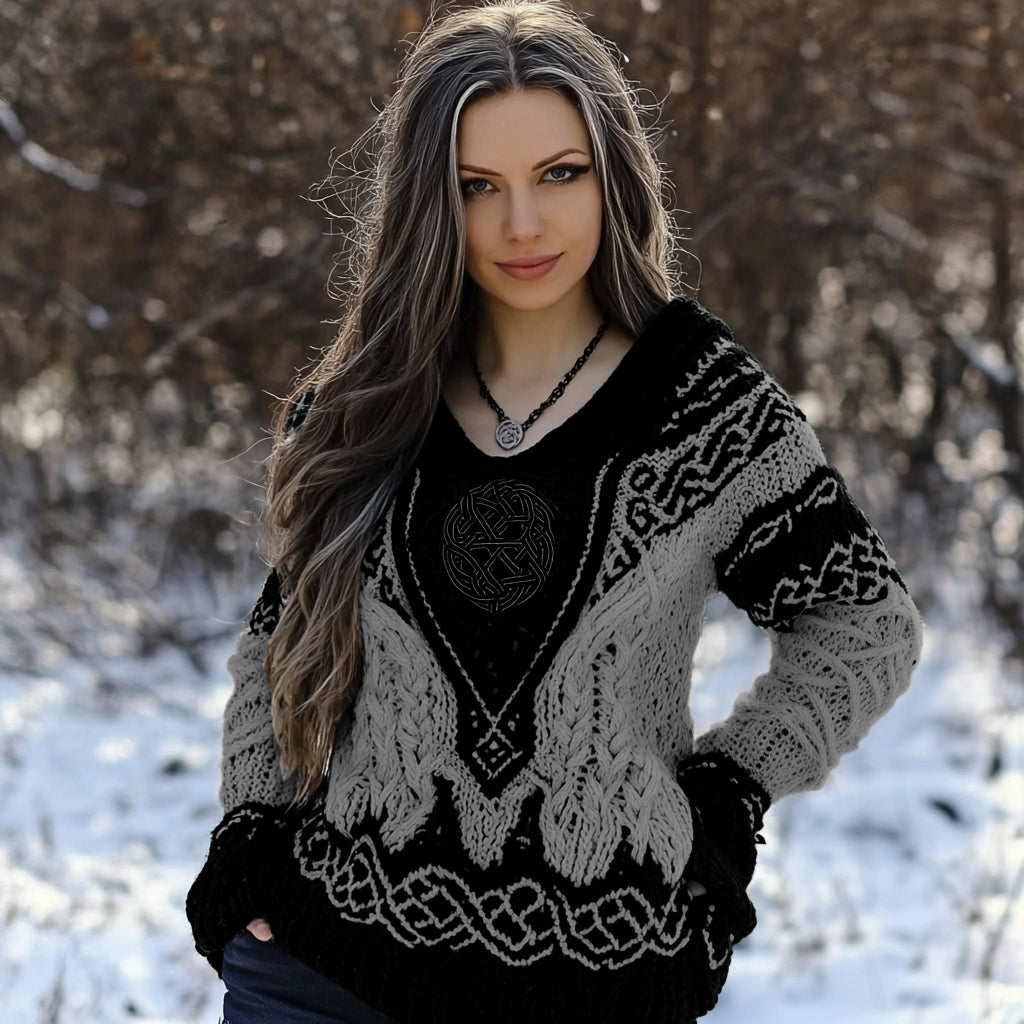 Women's Viking Rune Knit Jacquard V-neck Sweater artswardrobe