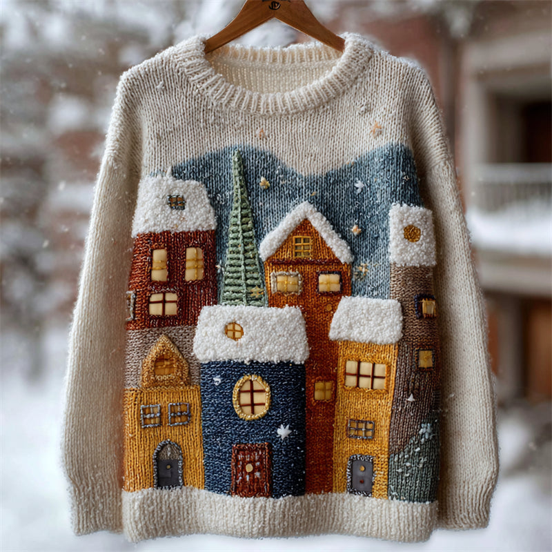 Comstylish Christmas Snowing Scene Fuzzy Cozy Knit Sweater