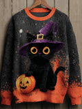 Comstylish Women's Halloween Witch Black Cat Regular Sweater