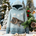 Christmas Cat Felt Art Women's Hooded Plush Sweater elevenforest
