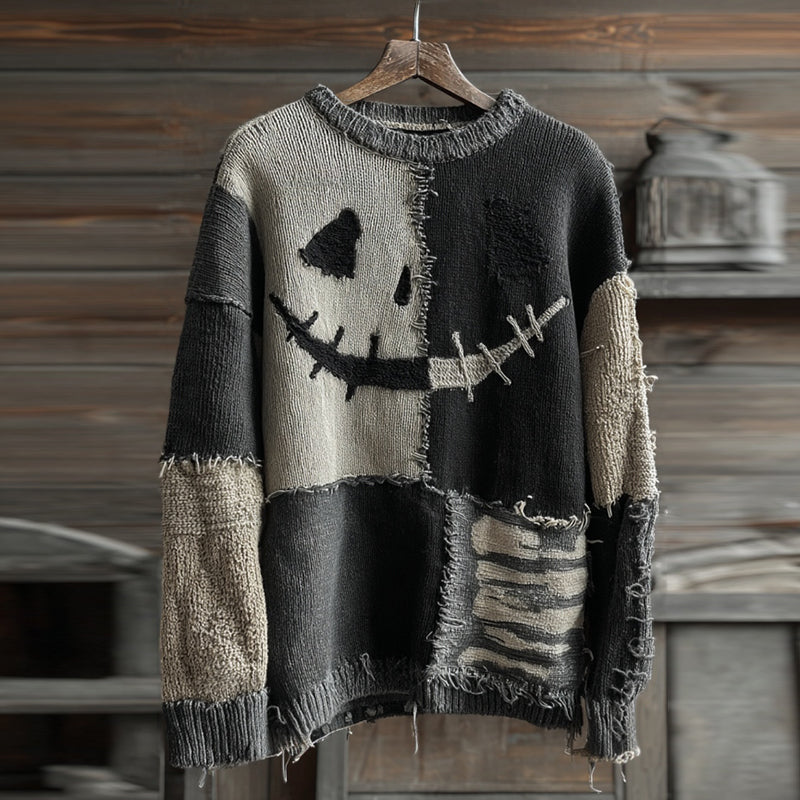 Vintage Halloween Face Contrast Stitched Knitted Crew Neck Cozy Sweater artswardrobe