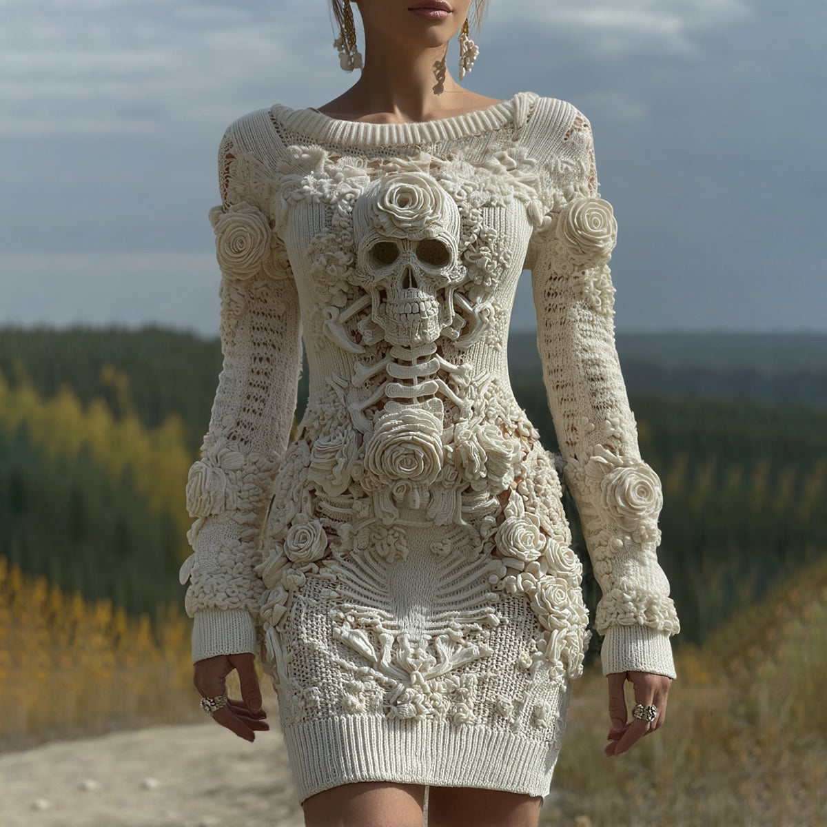 Comstylish Women's Vintage Halloween Skull With Rose Art Cozy Knit Mini Sweater Dress