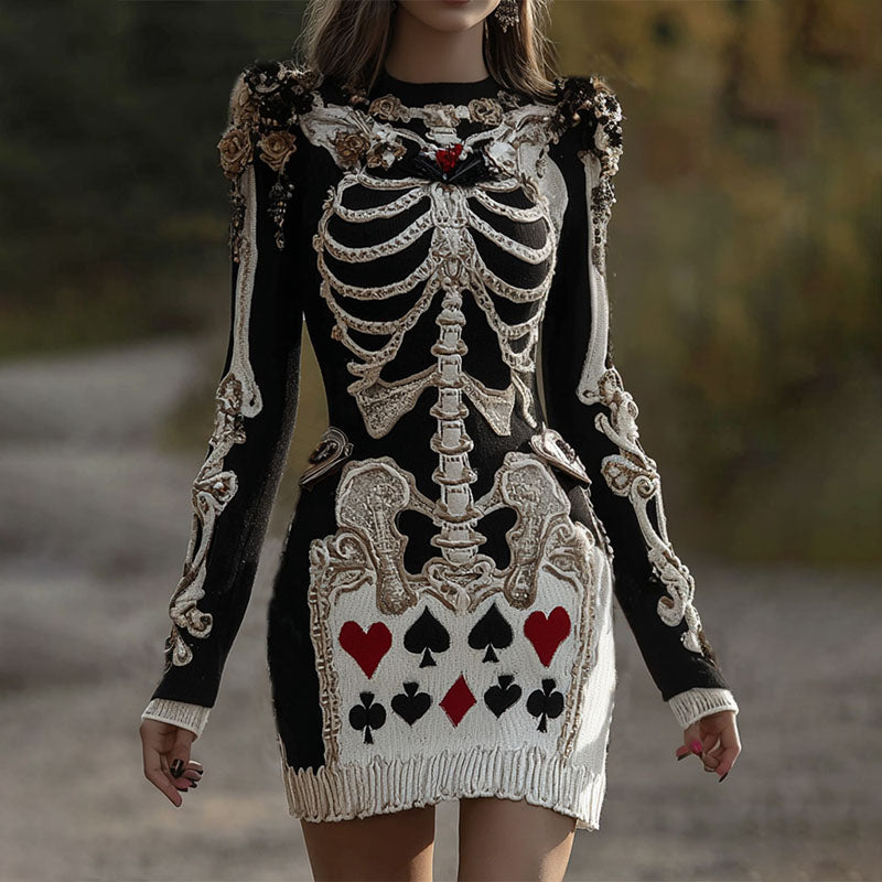 Comstylish Women's Halloween Skeleton Bones With Circus Harlequin Poker Art Cozy Knit Mini Sweater Dress