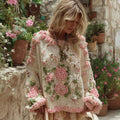 Women's Boho Floral Chunky Knit Crew Neck Sweater artswardrobe