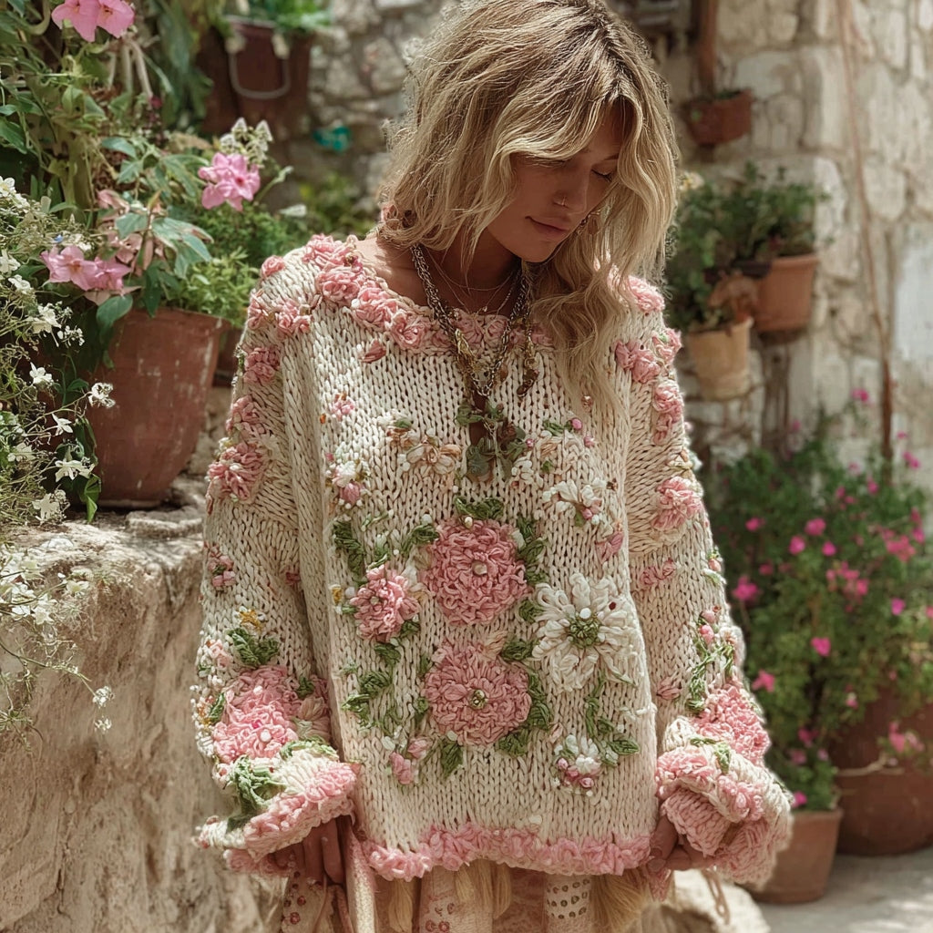 Women's Boho Floral Chunky Knit Crew Neck Sweater artswardrobe