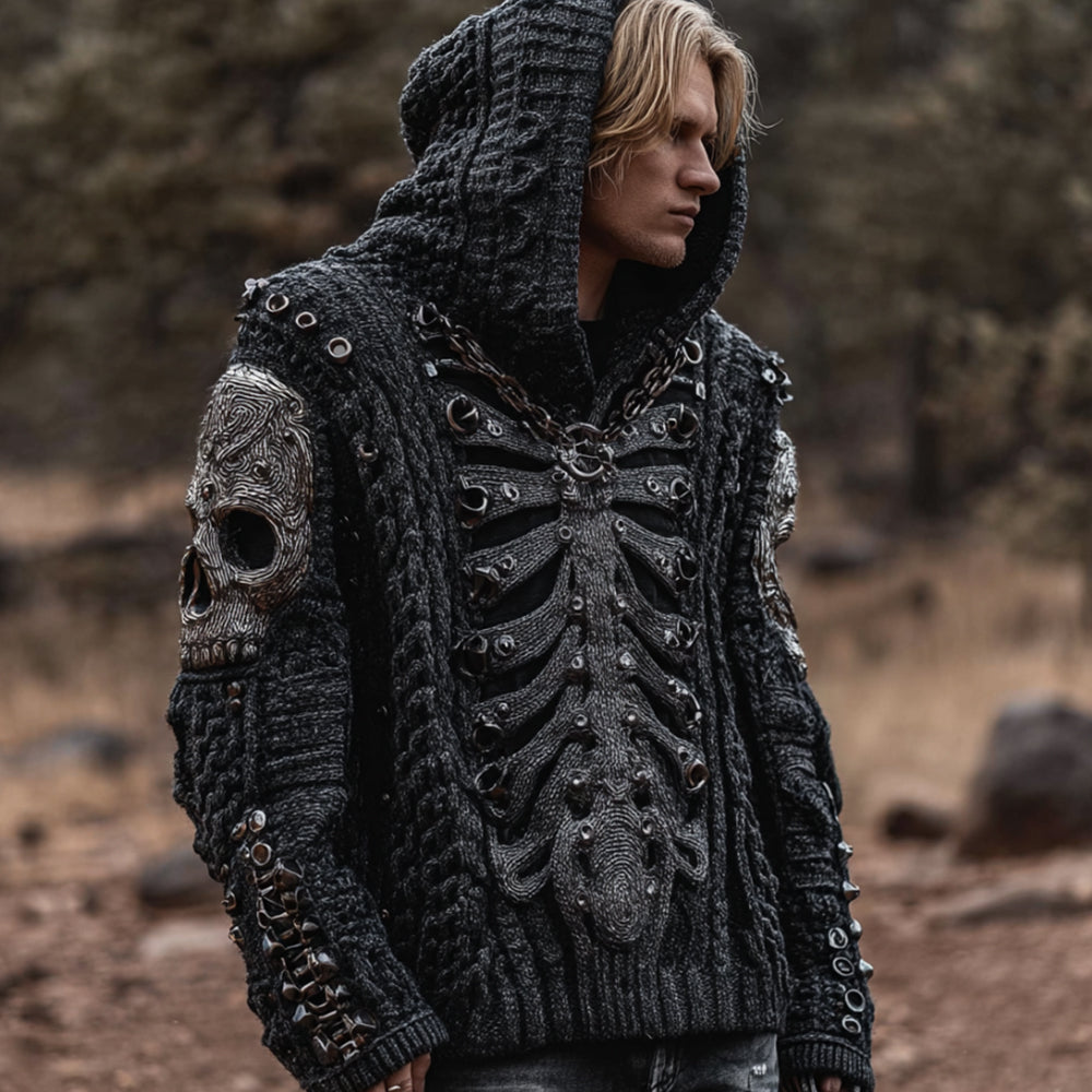 Men's Vintage Dark Skeleton Rivet Washed Long-sleeved Hooded Sweater artswardrobe