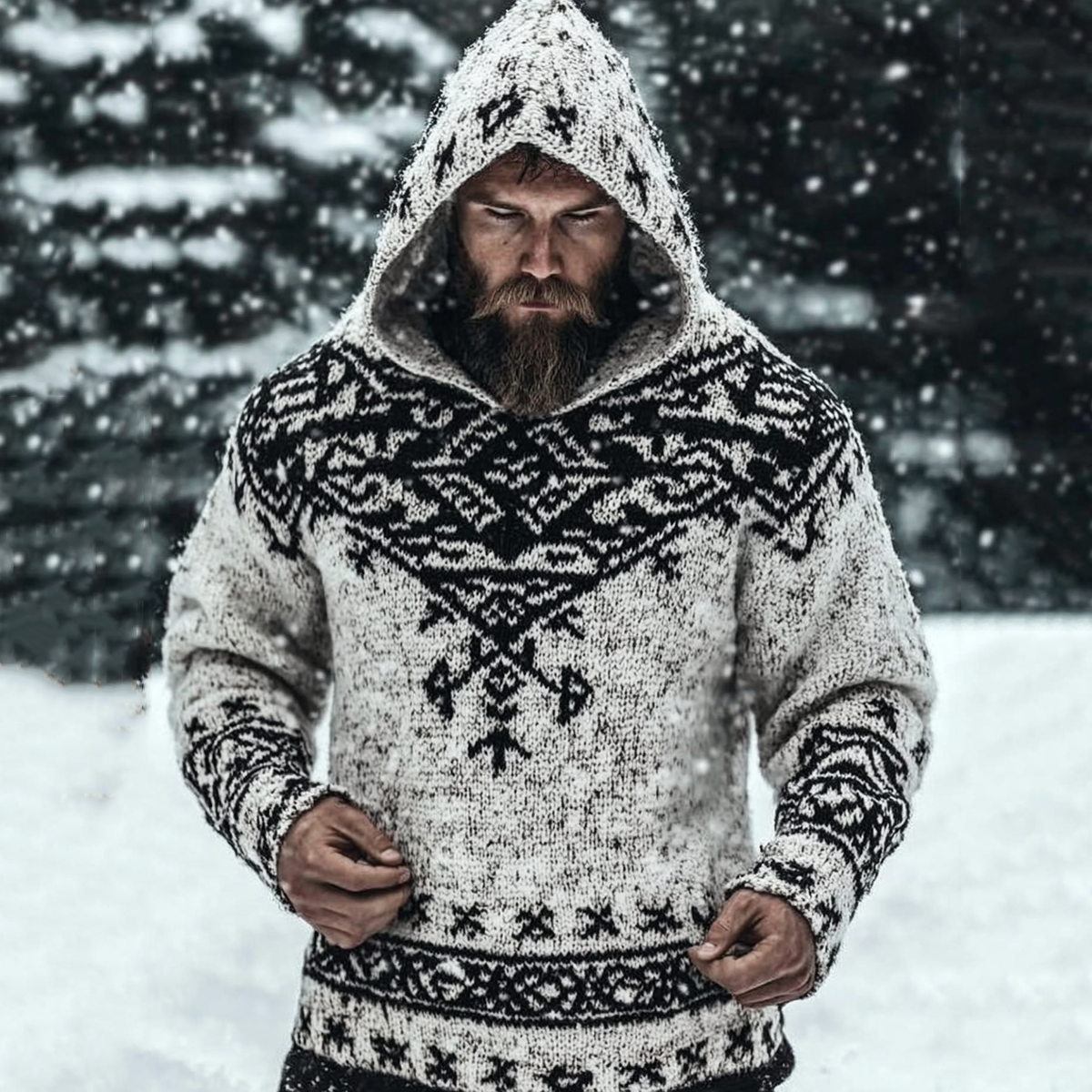 Men's Viking Tribal Jacquard Celtic Knit Hooded Sweater artswardrobe