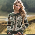 Women's Irish Harp Jacquard Crew Neck Contrast Aran Sweater elevenforest