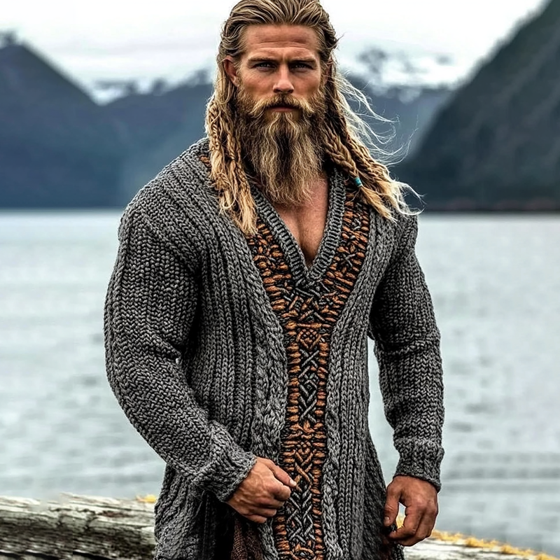 Men's Viking Tribal Celtic Knit Cozy V Neck Sweater elevenforest
