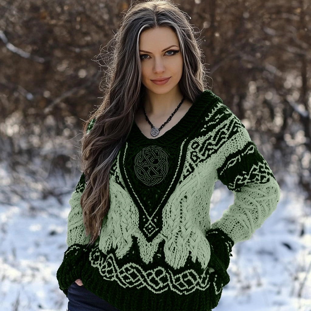 Women's Viking Rune Knit Jacquard V-neck Sweater artswardrobe