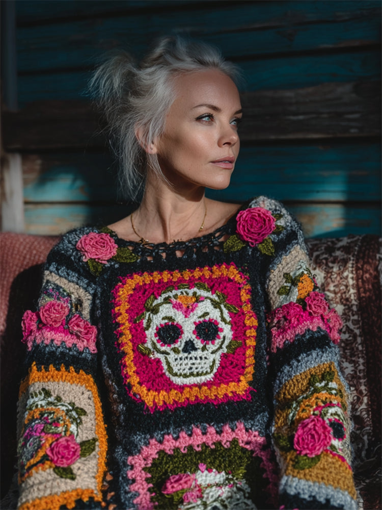 Day Of The Dead Sugar Skulls Roses Crochet Cozy Sweater elevenforest