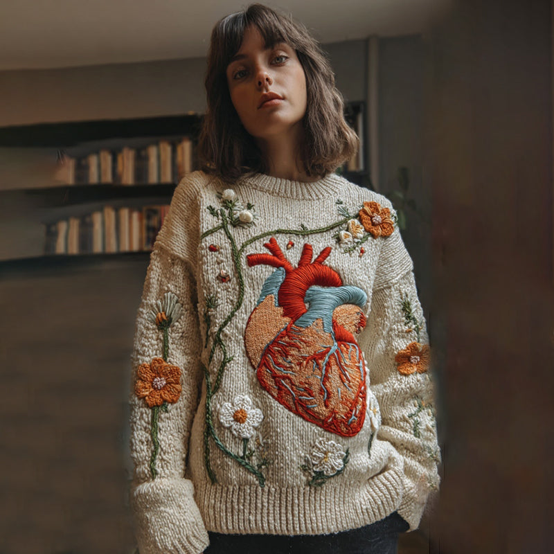 Comstylish Women's Vintage Halloween Anatomy Floral Art Cozy Sweater