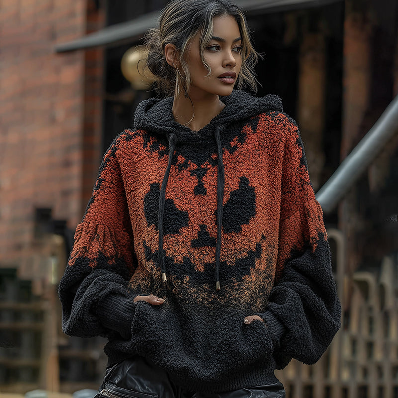 Women's Halloween Spooky Face Gradient Inspired Chunky Knit Hooded Sweater artswardrobe