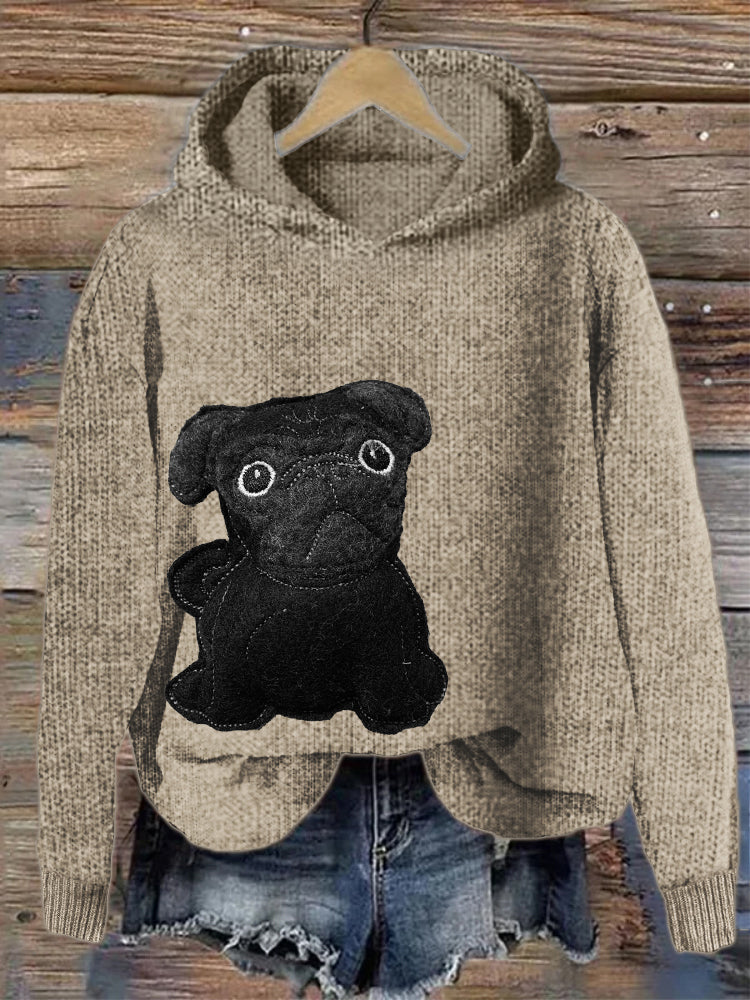 Comstylish Lovely Black Pug Dog Felt Cozy Knit Hooded Sweater