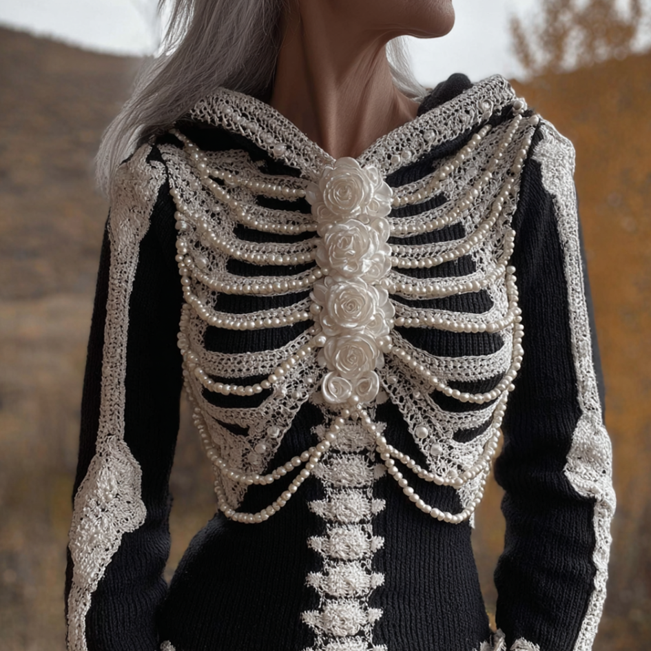 Comstylish Women's Retro Halloween Plant Flower And Skull Art Design Knitted Hooded Sweater
