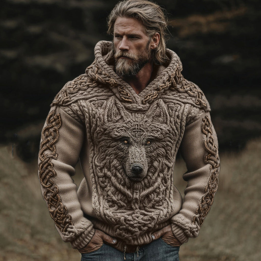 Men's Viking Wolf Celtic Knot Jacquard Knitted Hooded Sweater artswardrobe