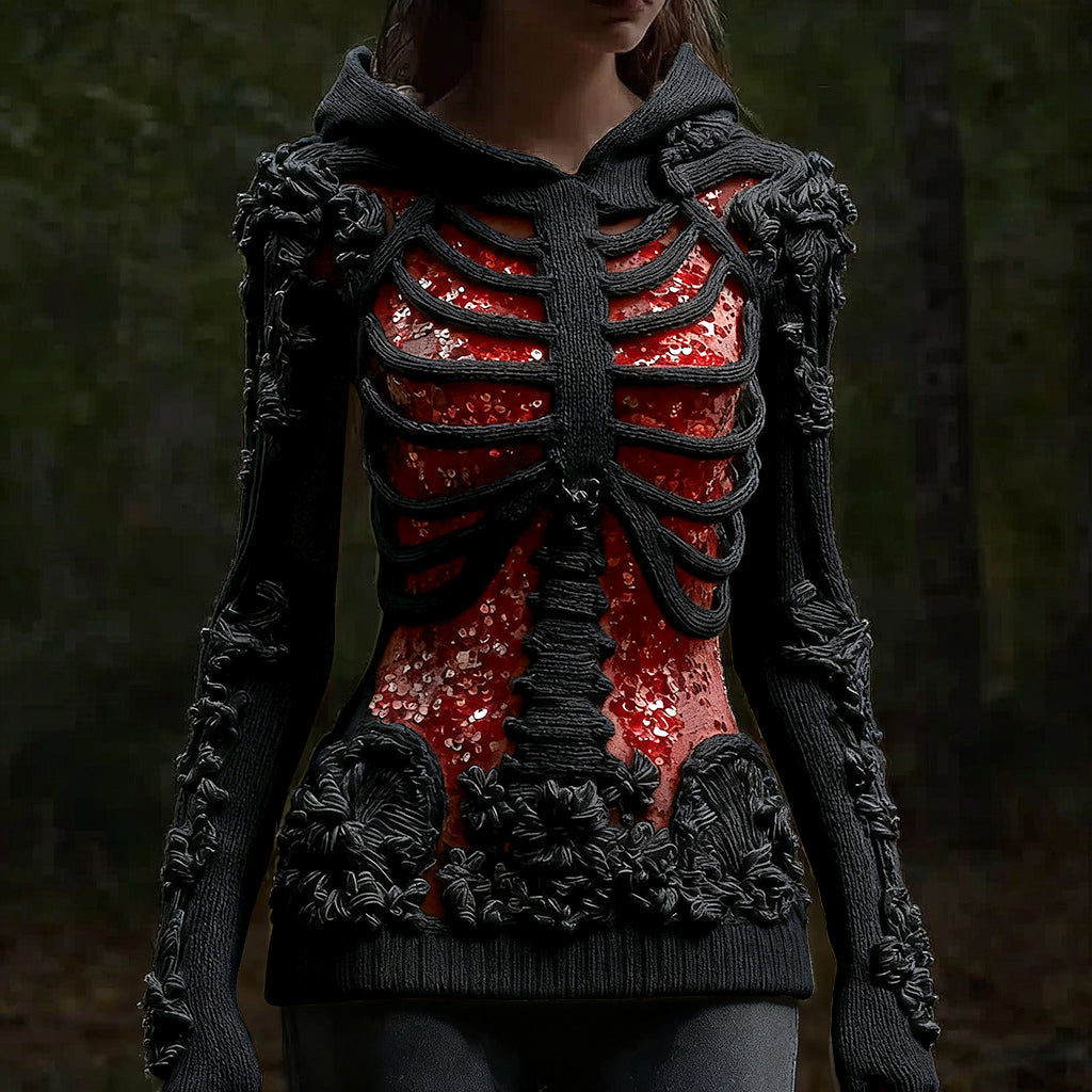 Comstylish Halloween Skull Floral Knitted Warm Hooded Sweater