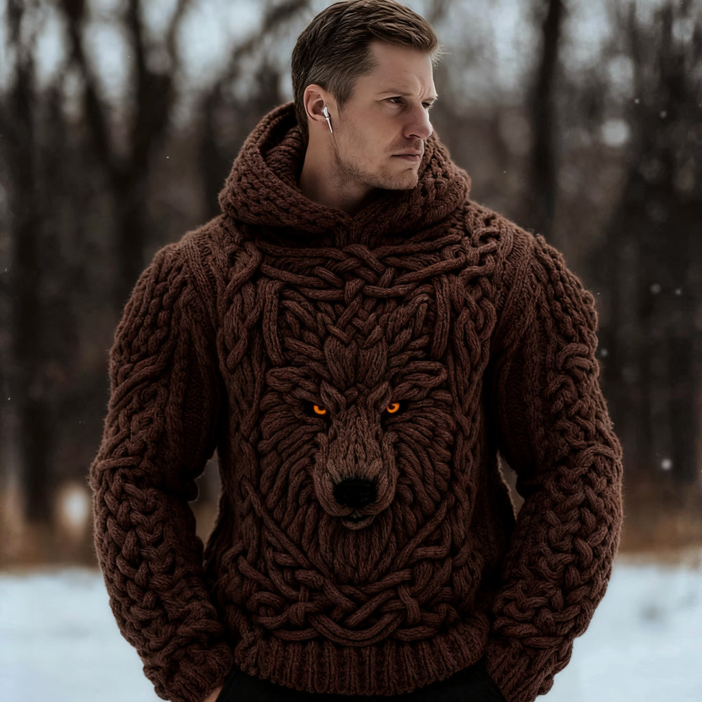 Men's Viking Celtic Wolf Knit Chunky Hooded Sweater artswardrobe