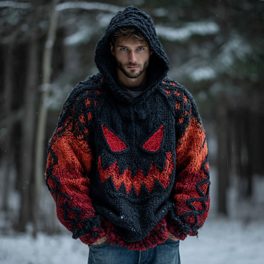 Men's Halloween Spooky Face Gradient Art Knitted Cozy Hooded Sweater artswardrobe