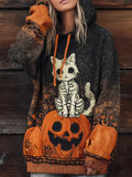 Halloween Skeleton Cat & Pumpkin Women's Hooded Sweater elevenforest
