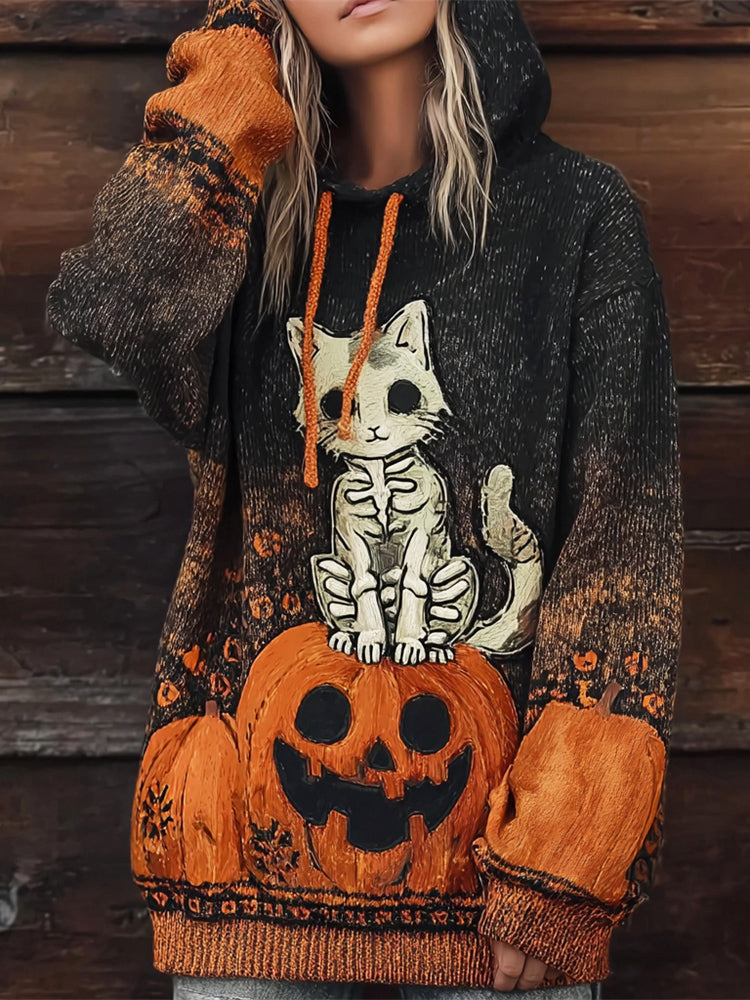 Halloween Skeleton Cat & Pumpkin Women's Hooded Sweater elevenforest