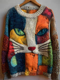 Vintage Cat Face Colorblock Art Cozy Knit Sweater artswardrobe