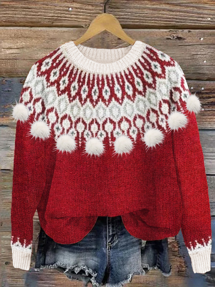 Vintage Christmas Fur Pom Pom Cozy Isle Sweater artswardrobe