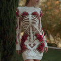Comstylish Women's Halloween Skeleton Bones With Rose Art Cozy Knit Mini Sweater Dress