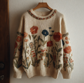 Comstylish Bohemian Style Plant And Flower Embroidery Pattern Women's Round Neck Knitted Sweater