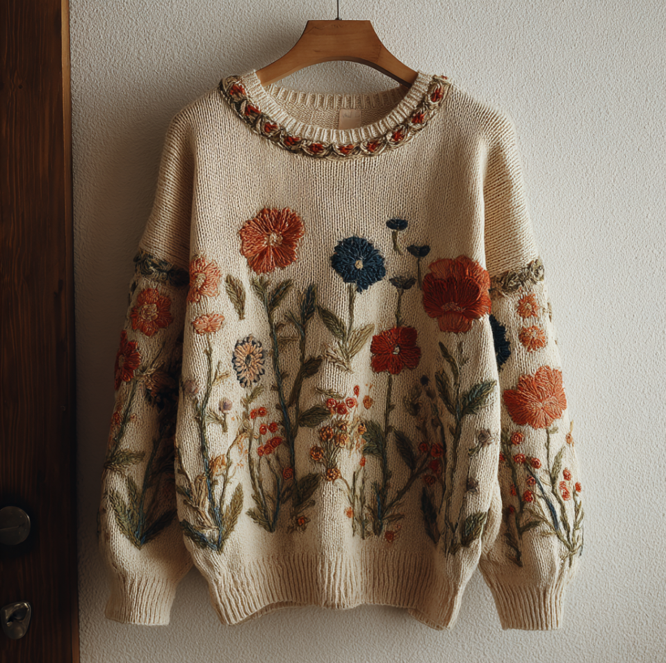 Comstylish Bohemian Style Plant And Flower Embroidery Pattern Women's Round Neck Knitted Sweater