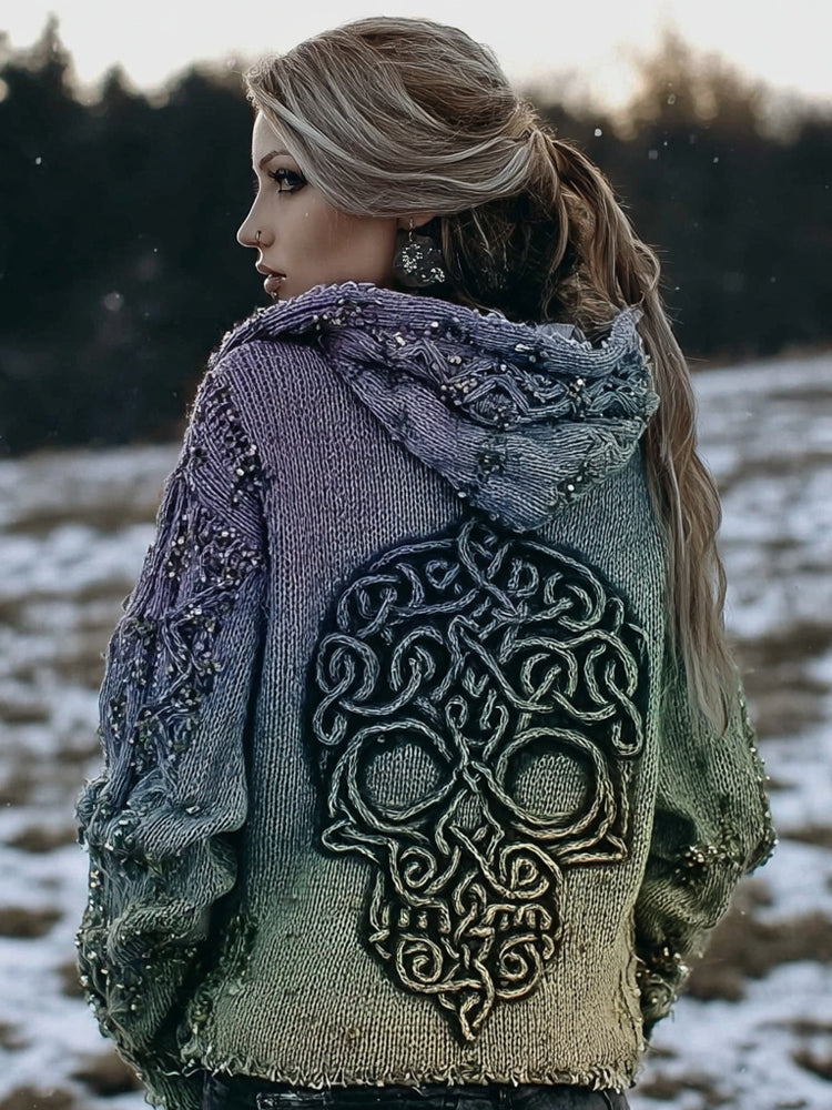 Vintage Celtic Skull Embroidered Gradient Cozy Hooded Sweater elevenforest