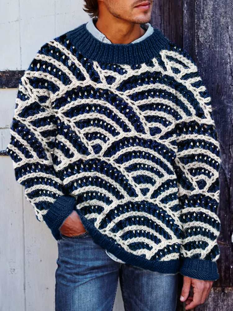 Men's Japanese Sea Waves Crochet Chunky Cozy Sweater artswardrobe