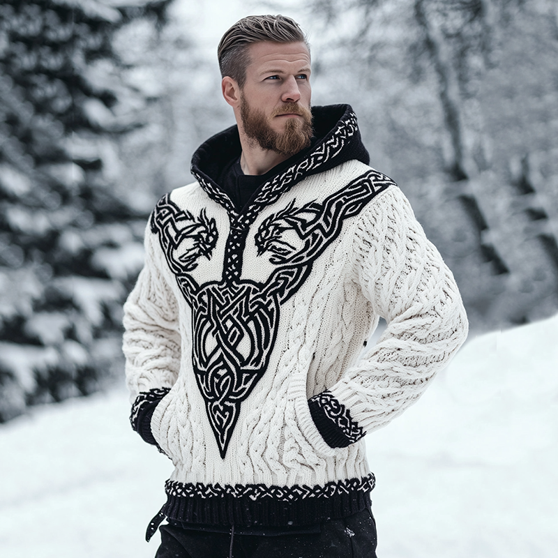 Men's Viking Celtic Contrast Cozy Chunky Hooded Sweater artswardrobe