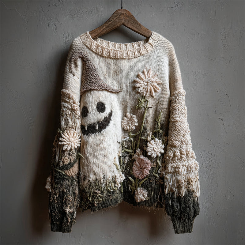 Comstylish Halloween Lovely Ghost Daisy Floral Dyed Cozy Knit Sweater