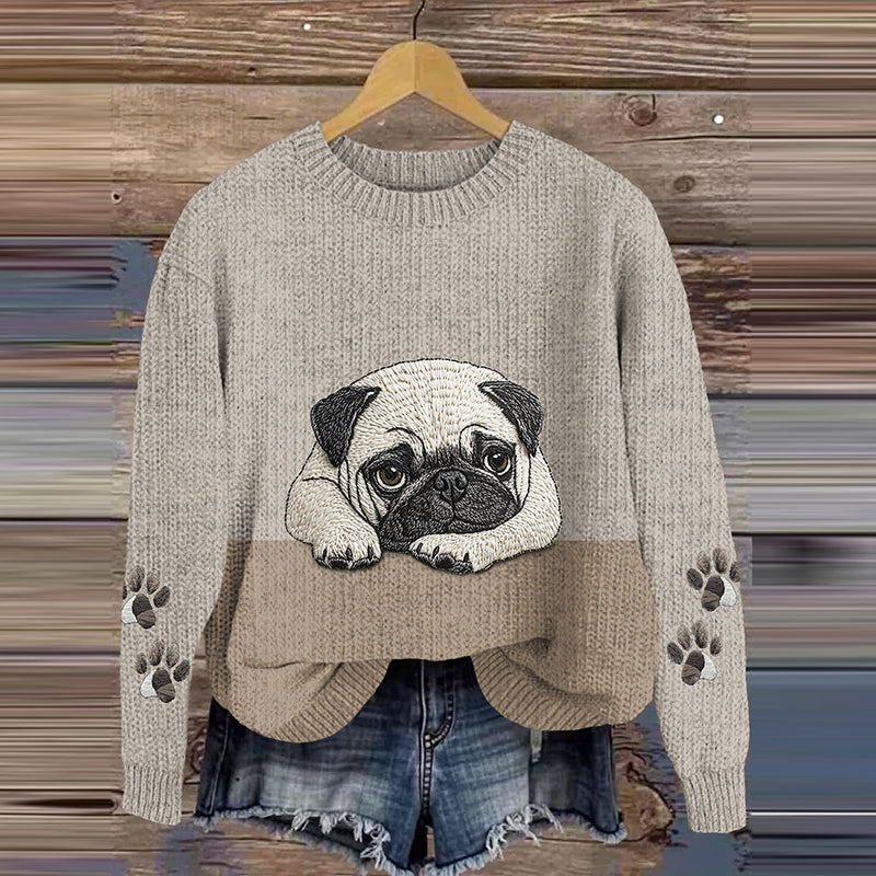 Comstylish Cute Dog Embroidered Knit Sweater