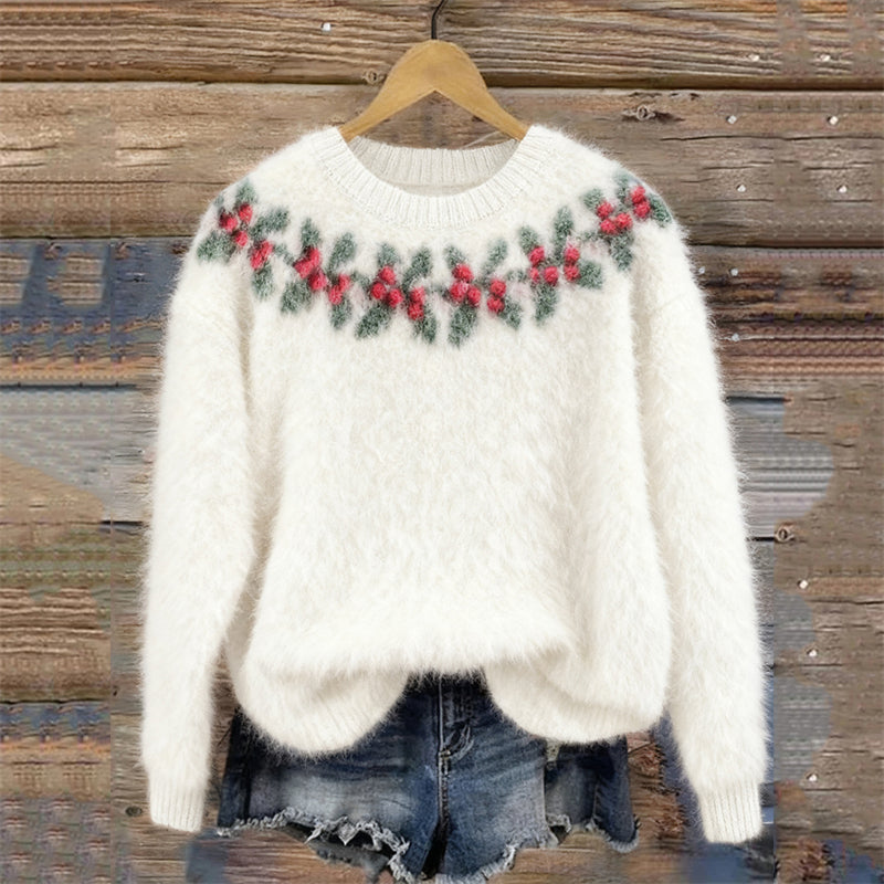 Comstylish Vintage Christmas Berry Yoke Crochet Cozy Sweater