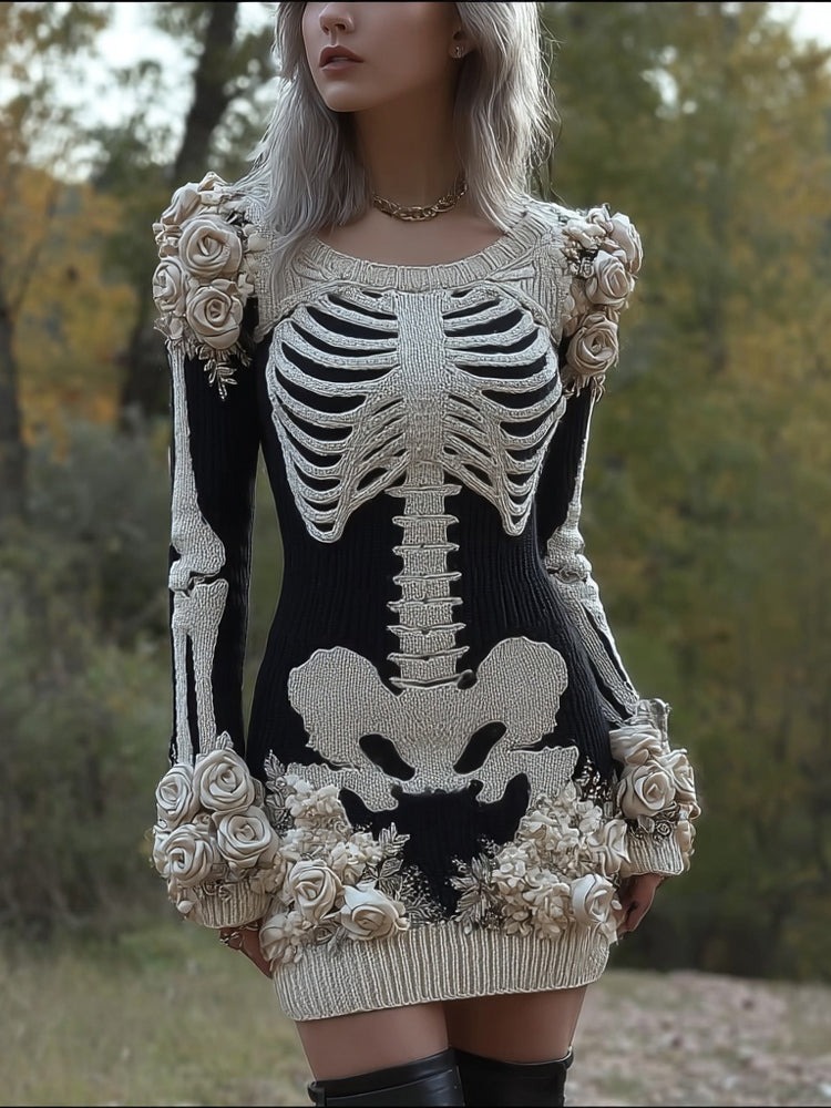 Comstylish Classy Skeleton Roses Embroidered Sweater Mini Dress