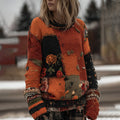 Vintage Halloween Floral Patchwork Knitted Crew Neck Cozy Sweater artswardrobe