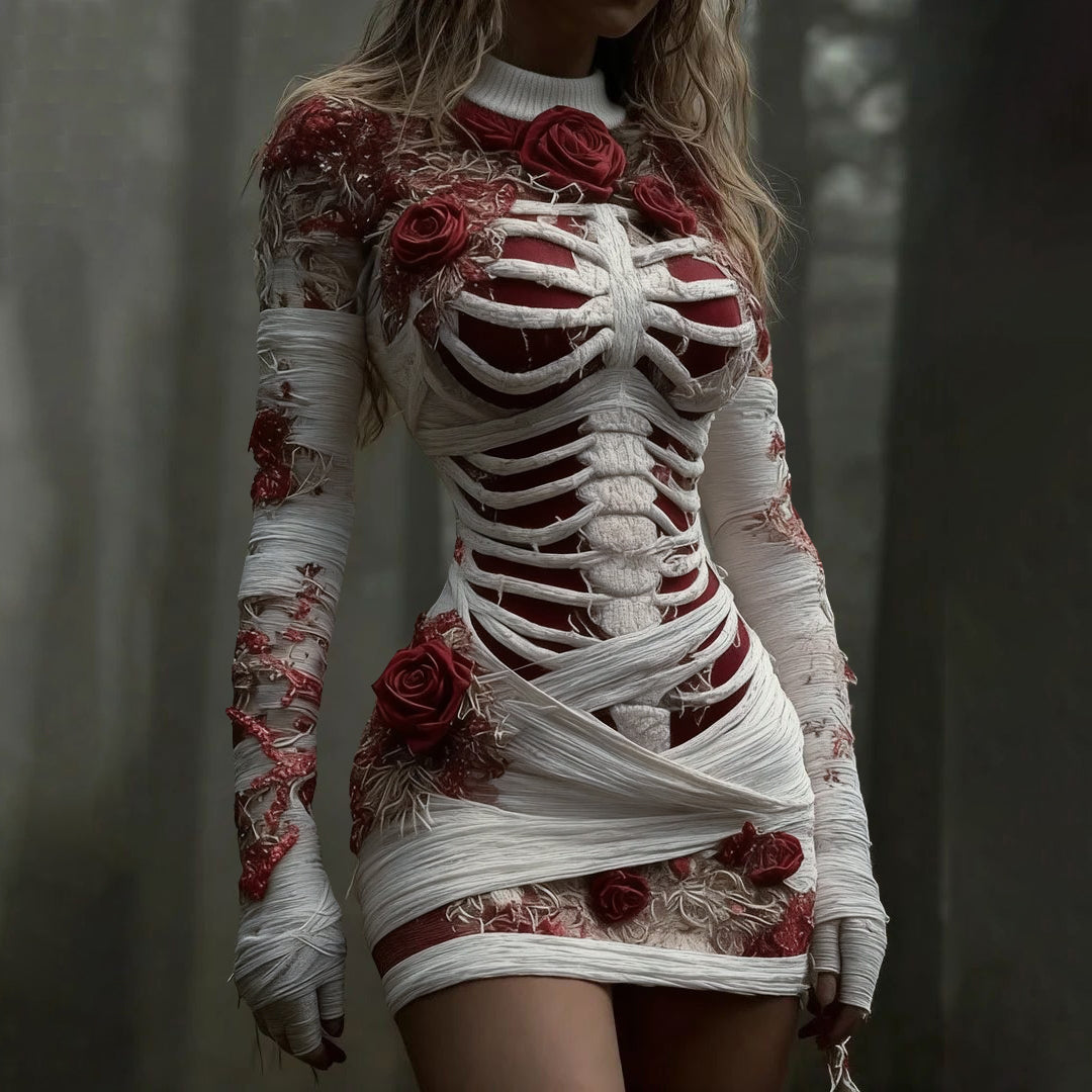 Comstylish Women's Vintage Red Rose Skeleton Art Knit Mini Sweater Dress