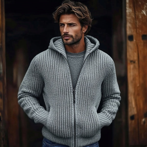 Men's Vintage Solid Color Zip Pocket Hooded Sweater elevenforest