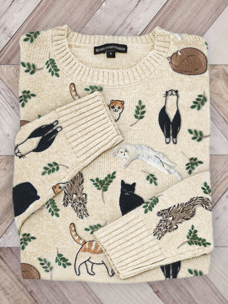 Cats & Leaves Embroidery Pattern Cozy Knit Sweater elevenforest